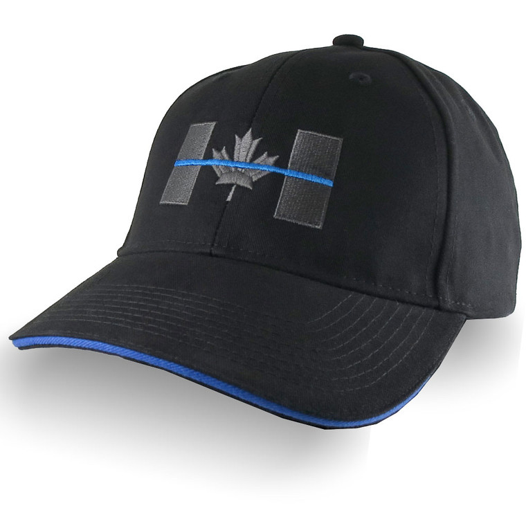 Canadian Thin Blue Line Canada Police Symbolic Embroidery on an Adjustable Black Blue Trimmed Structured Adjustable Baseball Cap and Options