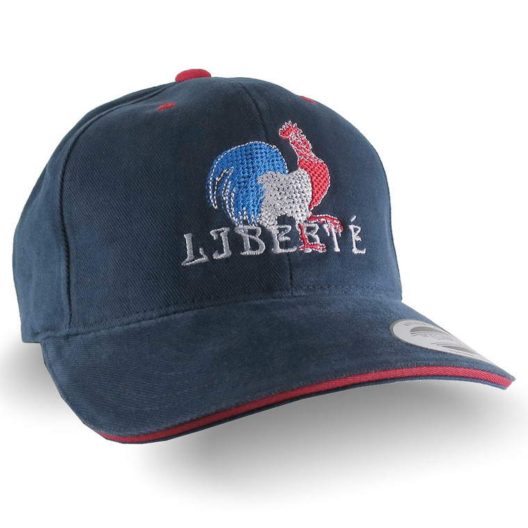 France Liberty Rooster Blue Red White Embroidery on an Adjustable Navy Blue and Red Trim Structured Yupoong Baseball Cap with Options