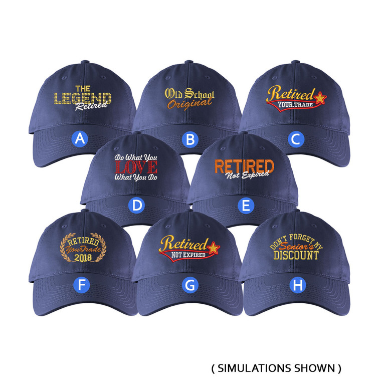 Custom Retirement Embroidery Design Indigo Blue Unstructured Classic Adjustable Baseball Cap Selection 8 Designs Some Personalized + Options