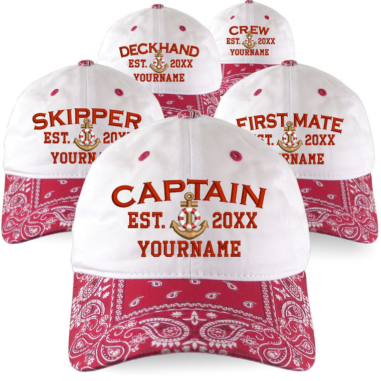 Personalized Your Name Year Captain First Mate Skipper Deckhand Crew Embroidery on Red Bandanna Adjustable Unstructured Baseball Cap Dad Hat
