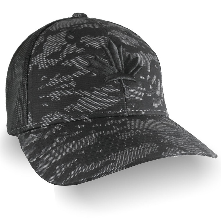 The Canadian maple leaf design in black 3D puff style embroidery on a stylish Black Urban Camo mesh adjustable snapback structured trucker cap.