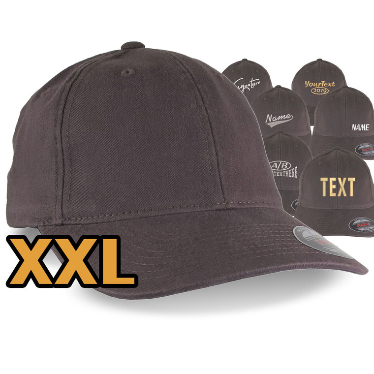 Custom Embroidery on an Oversized Large Head Double XL Fitted Unstructured XXL Yupoong Brown Baseball Cap with Personalization Options
