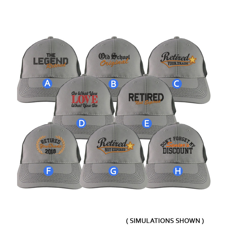 Custom Retirement Embroidery Design on a Grey on Black Full Fit Classic Adjustable Trucker Cap 8 Designs to Choose From Some Personalized