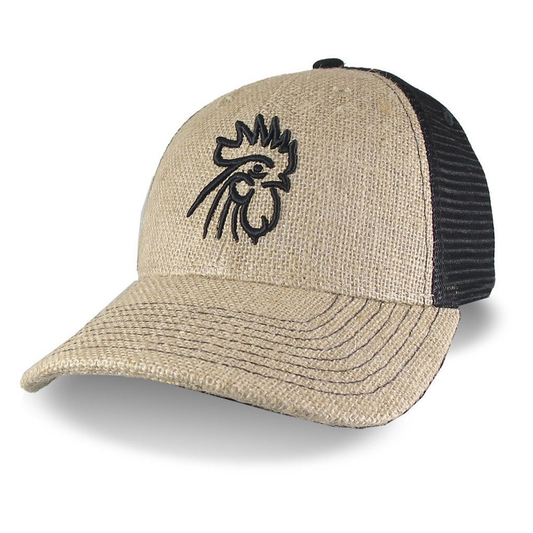 A Rooster Head 3D puff raised black embroidery design on an adjustable structured classic trucker style cap.