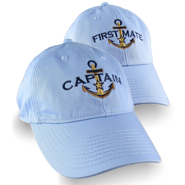 Nautical Star Golden Anchor Captain + First Mate Embroidery 2 Adjustable Baby Blue Unstructured Baseball Caps Options Personalize Both Hats
