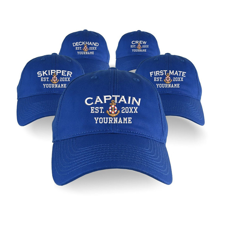 Custom Personalized Captain First Mate Skipper Deckhand Crew Embroidery on an Adjustable Unstructured Royal Blue Baseball Cap with Option
