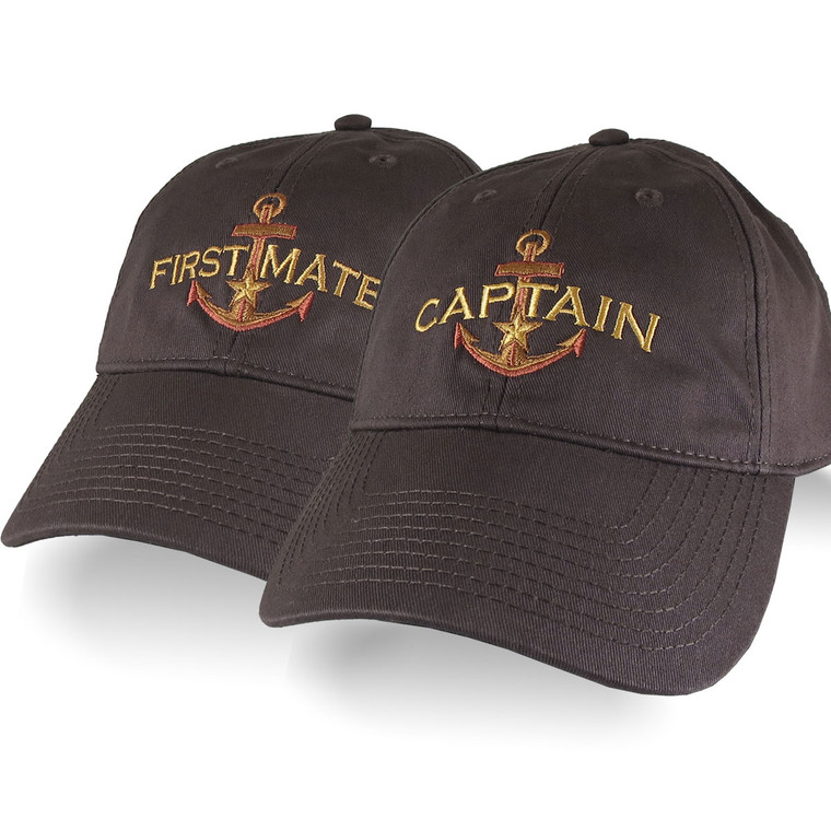 Nautical Star Golden Anchor Captain + First Mate Embroidery 2 Adjustable Rich Brown Unstructured Baseball Caps Options Personalize Both Hats