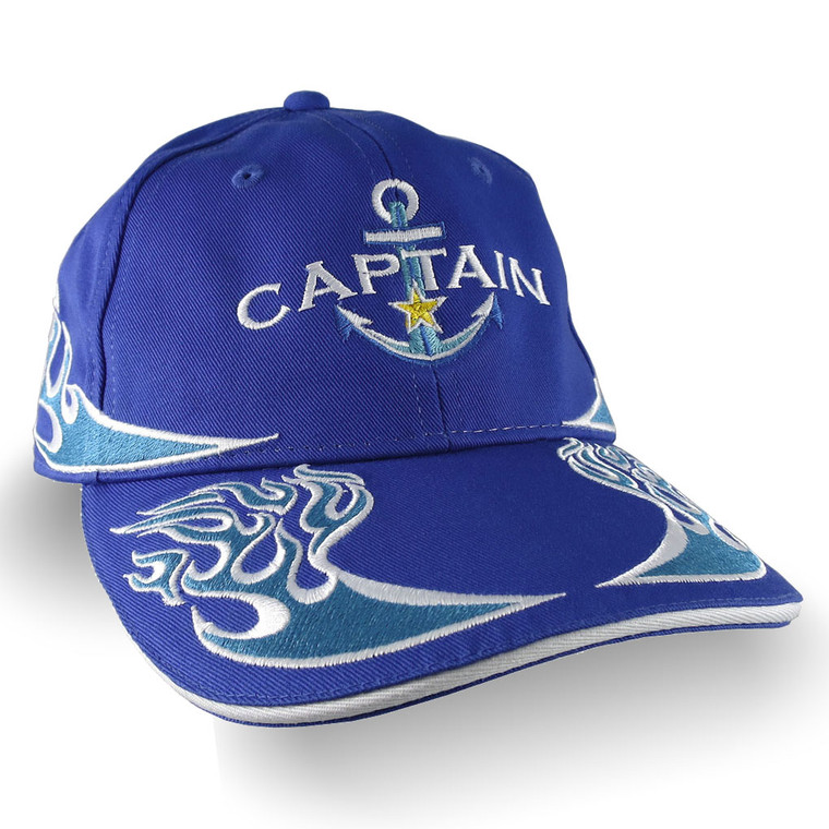 Nautical Star Blue Anchor Power Boat Captain Embroidery on an Adjustable Royal Blue Structured Flames Baseball Cap +Personalized Back Option