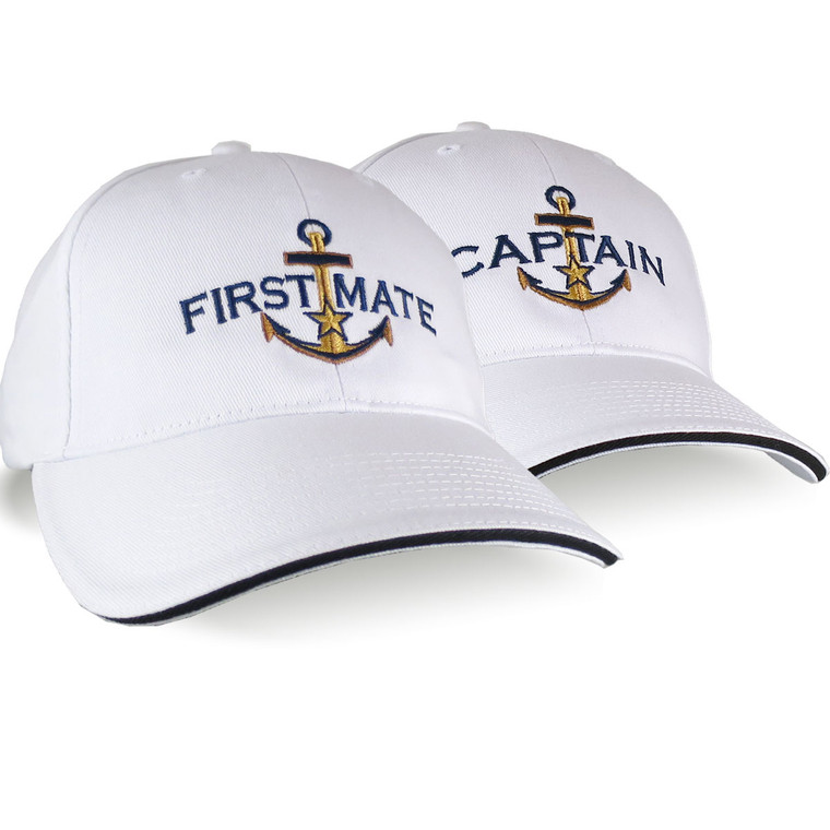 Nautical Star Golden Anchor Captain and First Mate Embroidery 2 Adjustable White Structured Baseball Caps Options to Personalize Both Hats