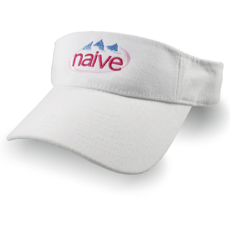 A humorous parody "NAIVE" embroidery design on a comfy adjustable visor cap in white.