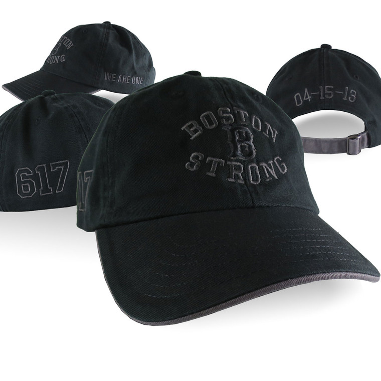 A Boston "B" Strong remembrance embroidered on 4 locations on this black classic adjustable unstructured baseball cap.