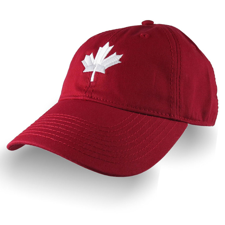 Canadian White Maple Leaf Canada Embroidery on an Adjustable Cranberry Red Unstructured Classic Baseball Cap with Option to Personalize Back