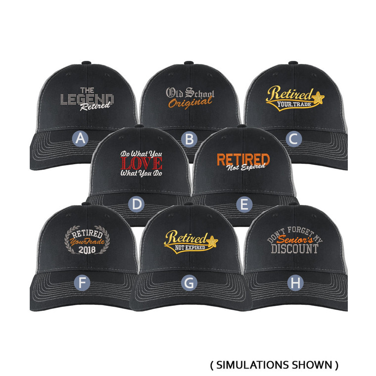 Custom Retirement Embroidery Design on a Black on Silver Full Fit Classic Adjustable Trucker Cap 8 Designs to Choose From Some Personalized