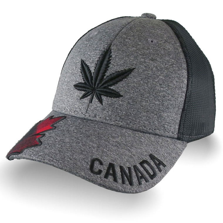 A richly decorated cannabis marijuana leaf done in 3d puff raised black embroidery decor on a heather grey and black structured full fit adjustable trucker style baseball cap.