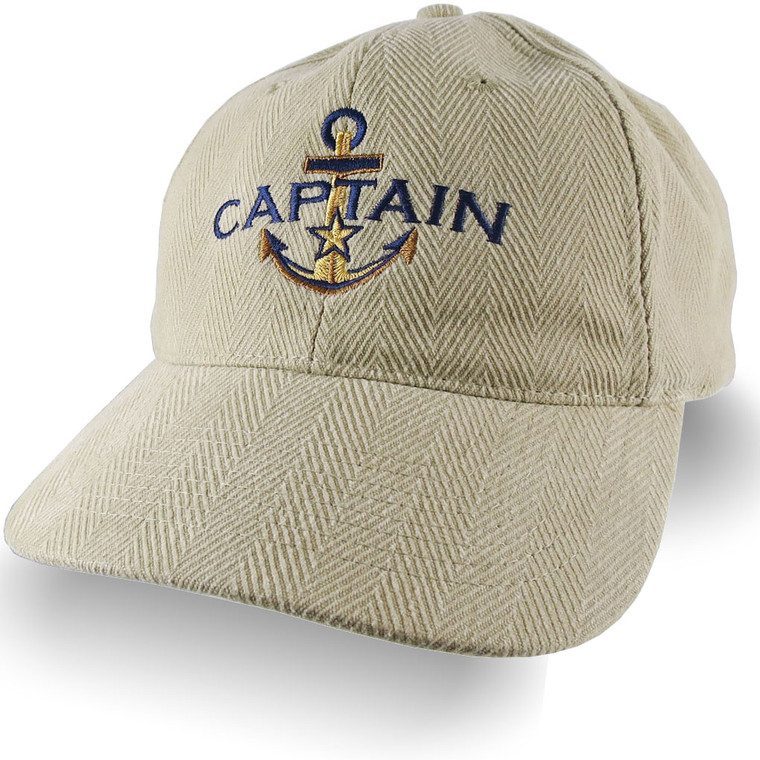 Nautical Golden Star Anchor Boat Captain Embroidery on an Adjustable Beige Structured Retro Baseball Cap Options to Personalize the Hat