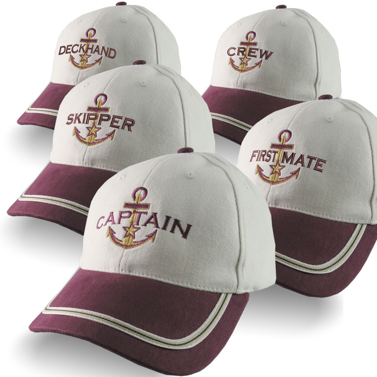 Nautical Star Anchor Captain and Crew Embroidery Adjustable Burgundy and Beige Structured Baseball Cap Options to Personalize Boat Name