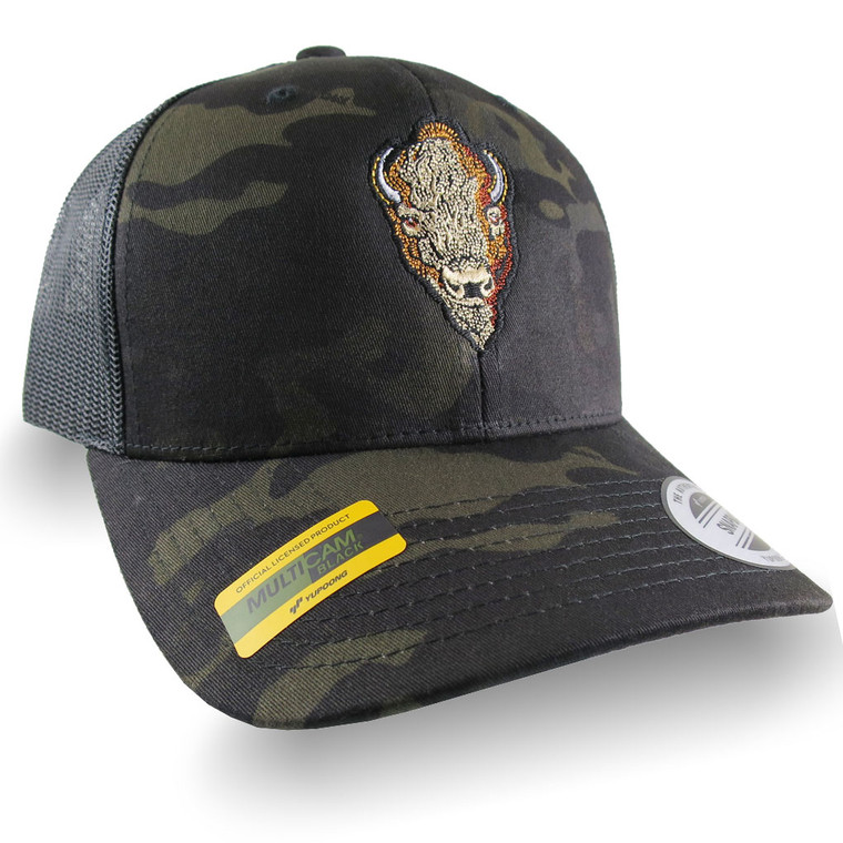 Buffalo Head Embroidery on an Adjustable Black Yupoong Multicam Structured Trucker Style Snap Back Ball Cap