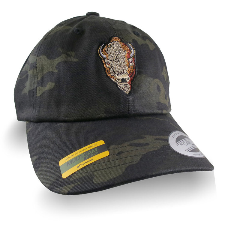 Buffalo Head Embroidery on an Adjustable Black Multicam Yupoong Unstructured Classic Baseball Cap with Options to Personalize