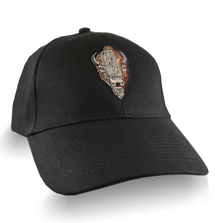 Buffalo Head Embroidery on an Adjustable Black Structured Classic Baseball Cap with Options to Personalize
