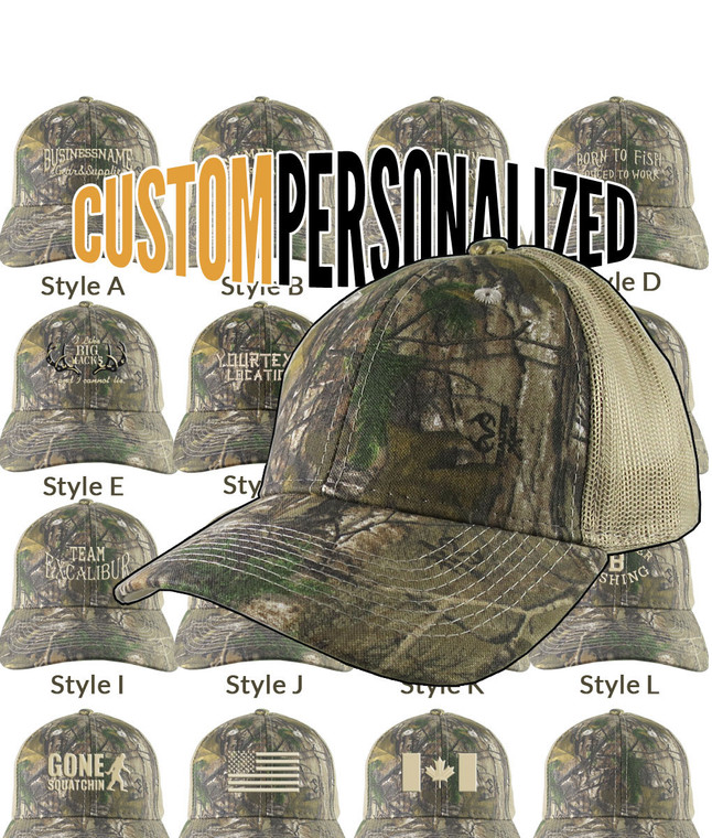 Custom Personalized Beige Embroidery on an Adjustable Realtree Xtra Camo Beige Tan Classic Trucker Cap Your Choice 16 Front Decors Hunt Fish