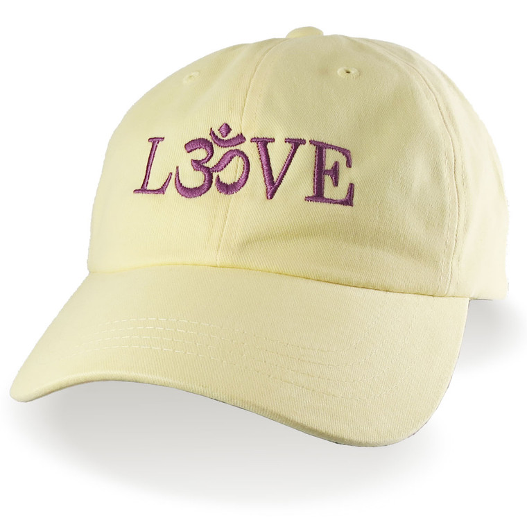 Love Om Symbol Old Rose Embroidery on a Retro Yellow Adjustable Unstructured Dad Hat Style Baseball Cap with Options