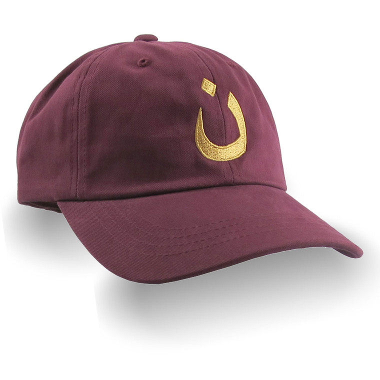Nazarene Christian Spiritual Religious Symbol Golden Embroidery on a Burgundy Red Adjustable Unstructured Baseball Cap Dad Hat Style