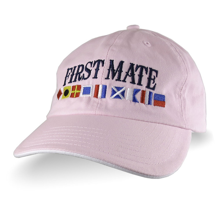 First Mate on Nautical Flags Embroidery on an Adjustable Light Pink and White Unstructured Classic Dad Hat Cap with Personalization Options