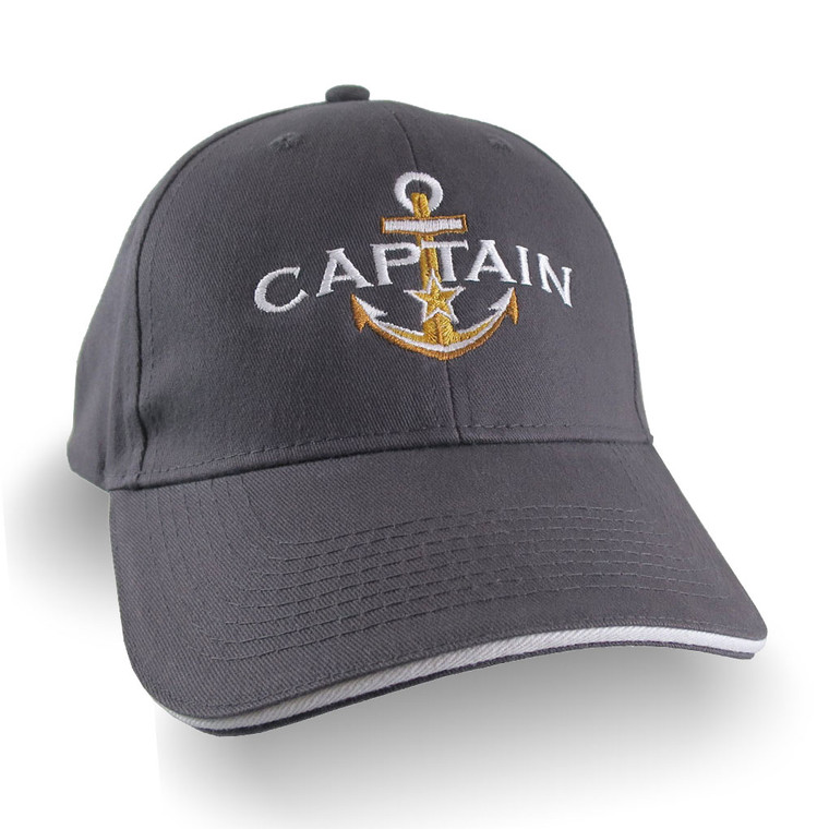 Personalized Captain Star Anchor Embroidery Adjustable Charcoal and White Structured Fashion Baseball Cap + Options to Personalize Side Back