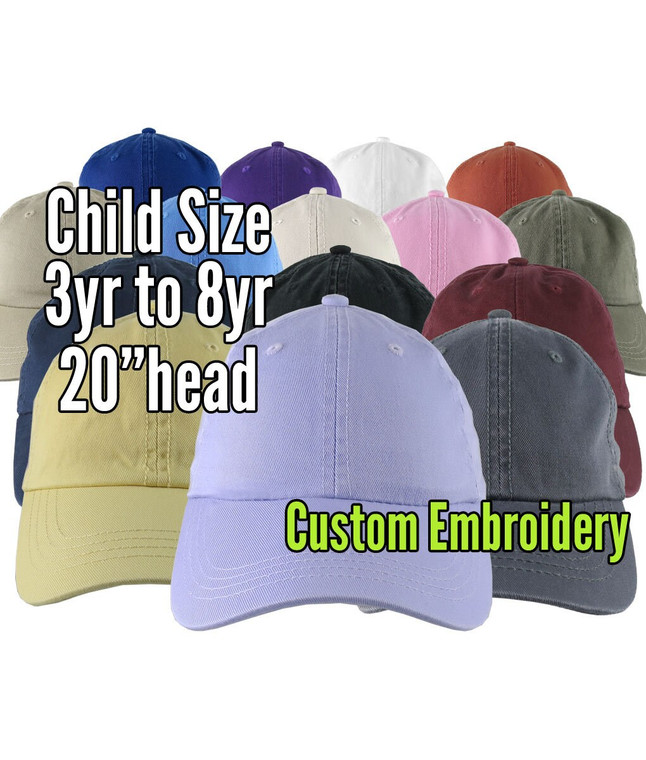 Child Toddler Size 3yr to 8yr Adjustable Unstructured Baseball Cap Low-Profile on a Selection of 15 Colors with Custom Embroidery Option