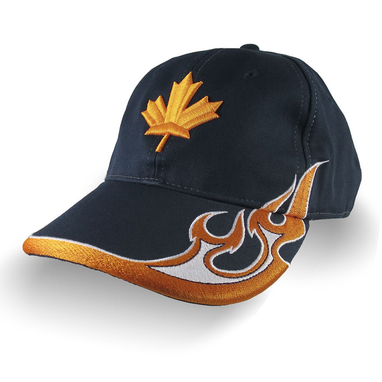 Canadian Maple Leaf 3D Puff Orange Embroidery Adjustable Navy Blue Structured Racing Flames Baseball Cap + Options to Personalize