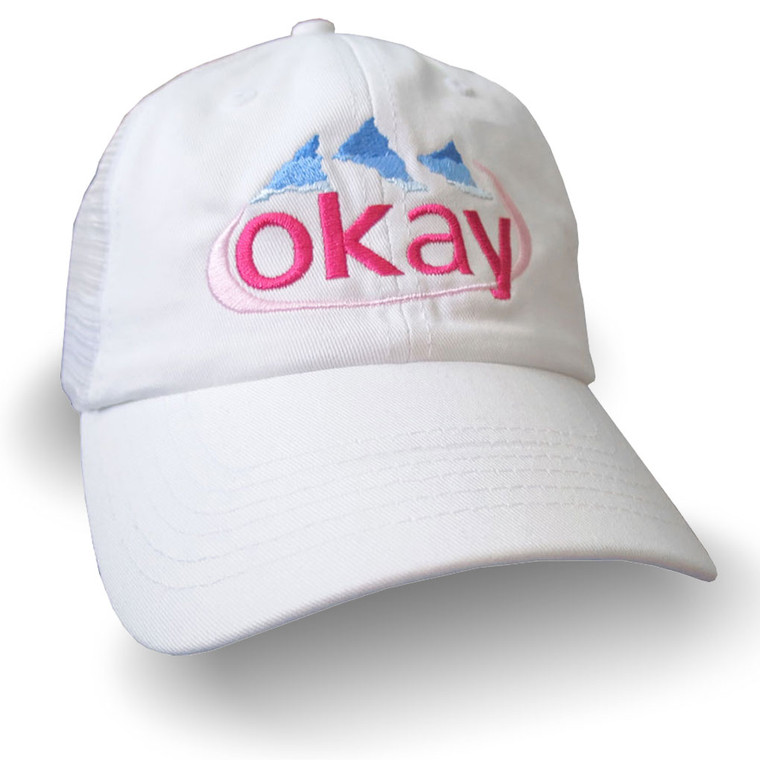Okay Water Humorous Parody Embroidery on an Adjustable White Unstructured Trucker Mesh Cap