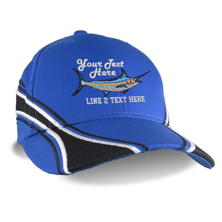 Custom Personalized Blue Marlin Fish Embroidery Adjustable Royal Blue Structured Polycotton Baseball Cap with Option to Personalize the Back