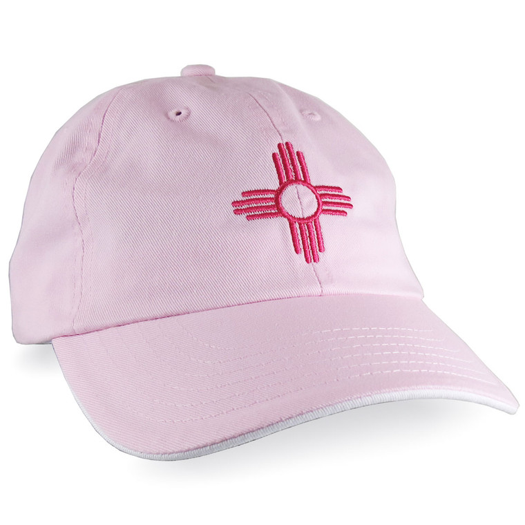 New Mexico Zia Symbol Embroidery on an Adjustable Light Pink and White Unstructured Classic Dad Hat Cap with Personalization Options
