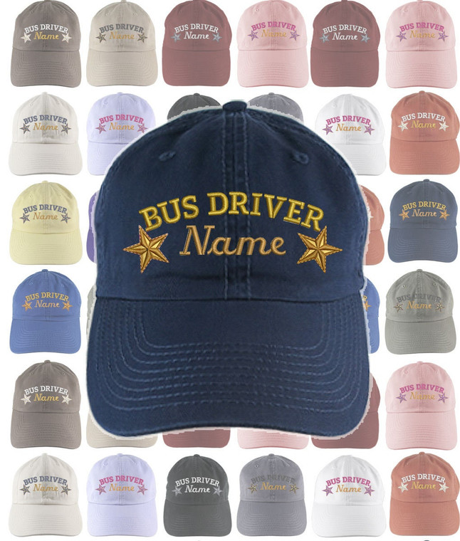 Custom Personalized Bus Driver Stars Embroidery Selection of 16 Colors Adjustable Unstructured Baseball Cap Dad Hat +Option Back Embroidered