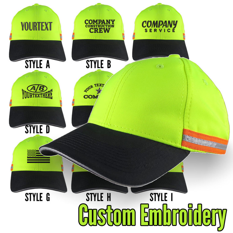 Custom Personalized Black Embroidery on an Adjustable Safety Yellow Reflective Full Fit Baseball Cap Choice of 9 Front Construction Decors