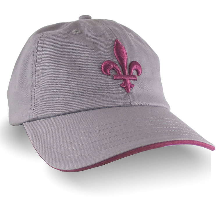 Quebec Style Fleur de Lis 3D Puff Ruby Red Raised Embroidery on an Adjustable Grey Unstructured Dad Hat Style Baseball Cap with Options