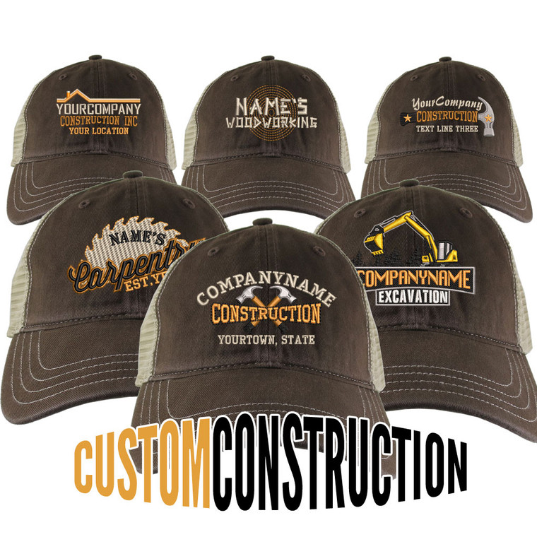 Personalized Custom Construction Renovation Contractor Carpenter Builder Embroidery on an Adjustable Brown and Tan Unstructured Mesh Cap