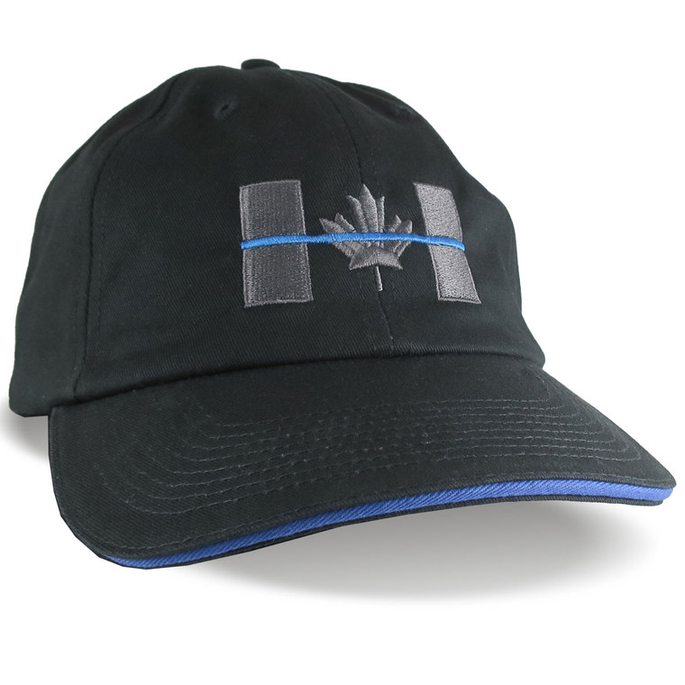 Canadian Thin Blue Line Canada Police Symbolic Embroidery on an Adjustable Black Blue Trimmed Unstructured Adjustable Baseball Cap Options