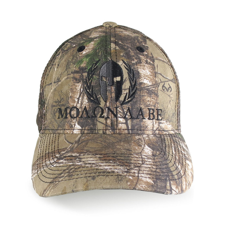 Custom Molon Labe Spartan Warrior Mask Black Embroidery on Adjustable Structured Realtree Xtra Camouflage Classic Profile Trucker Mesh Cap