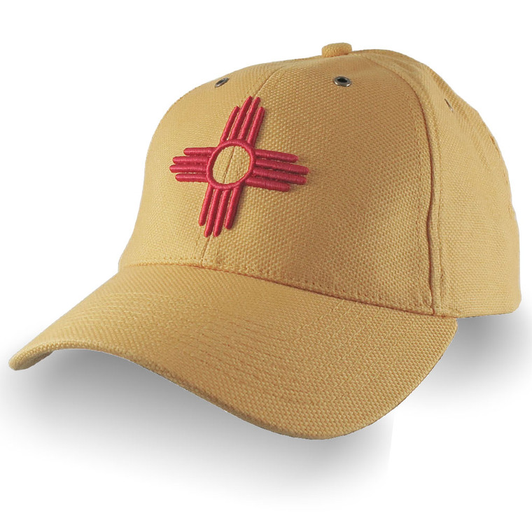 New Mexico State Flag Symbol Red 3D Puff Embroidery Design on Adjustable Mango Yellow Structured Classic Baseball Cap Option to Personalize