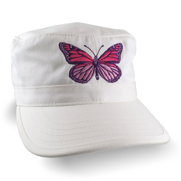 Custom Pink Monarch Butterfly Embroidery on an Adjustable Unstructured White Cadet Style  Fashion Cap