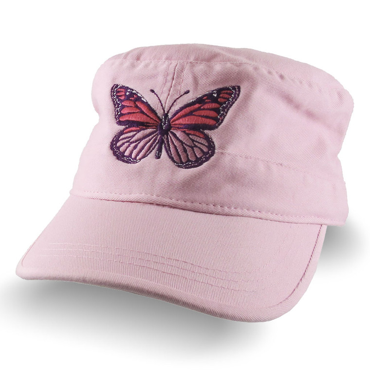 Custom Pink Monarch Butterfly Embroidery on an Adjustable Unstructured Pink Cadet Style Fashion Cap