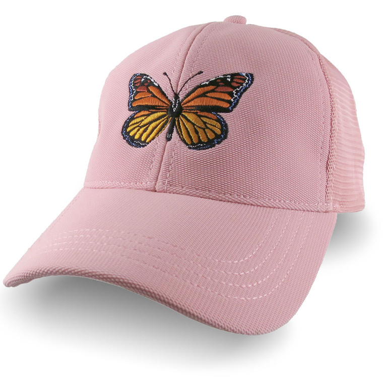 Custom Colorful Monarch Butterfly Embroidery on an Adjustable Structured Powder Pink Trucker Style Mesh Baseball Cap