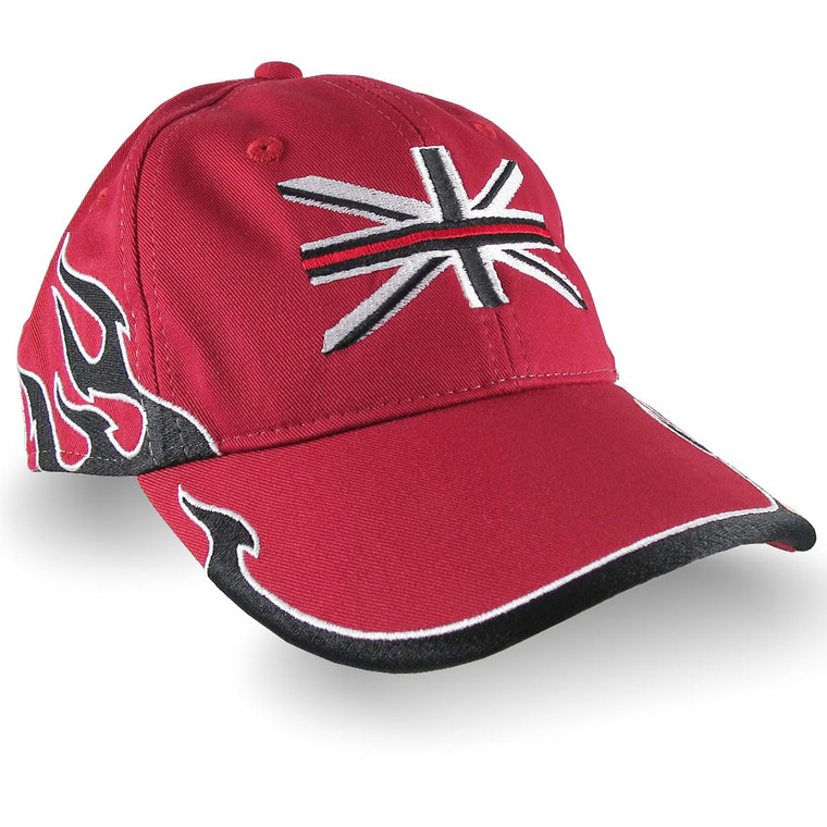 Black UK Flag Thin Red Line Firefighter Embroidery on an Adjustable Red Structured Racing Flames Baseball Cap with Options to Personalize