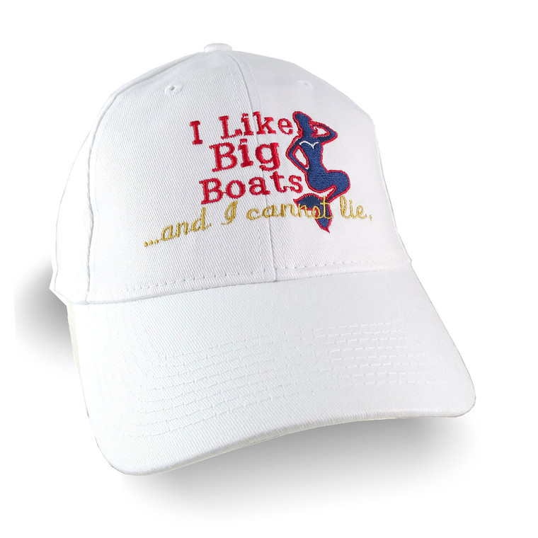 Nautical Mermaid I Like Big Boats Humor Embroidery on an Adjustable White Structured Baseball Cap with Options to Personalize Side and Back
