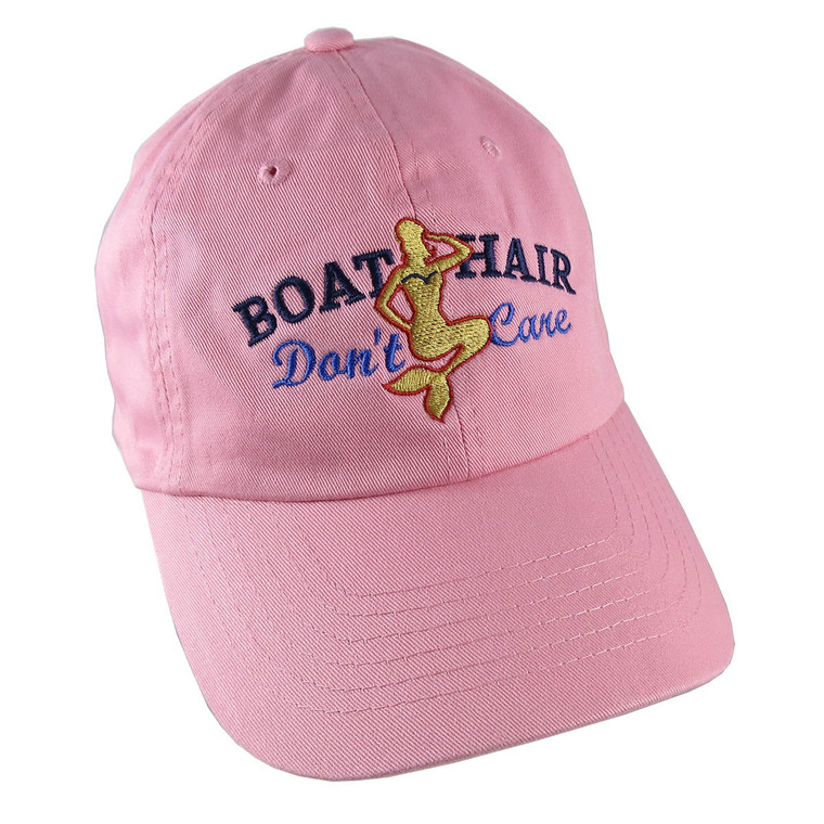 Nautical Mermaid Boat Hair Don't Care Embroidery on an Adjustable Pink Unstructured Baseball Cap Dad Hat with Option to Personalize the Back