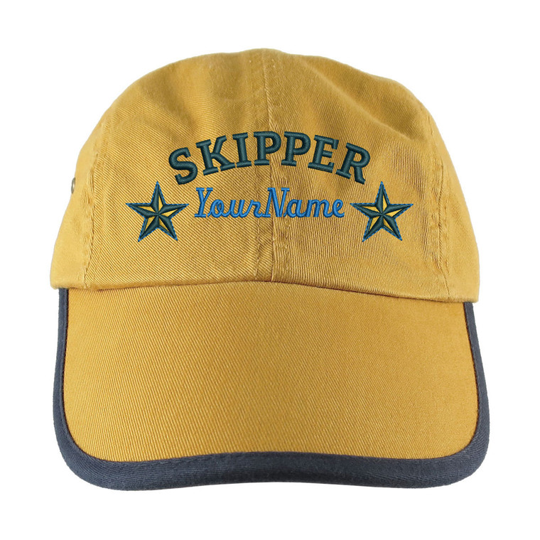 Personalized Nautical Skipper Stars Embroidery on a Polo Style 5 Panel Adjustable Mango and Navy Unstructured Cap for the Boating Enthusiast