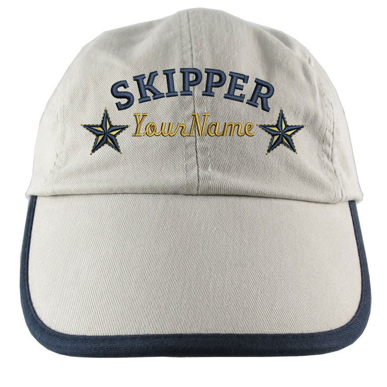 Personalized Nautical Skipper Stars Embroidery on a Polo Style 5 Panel Adjustable Beige and Navy Unstructured Cap for the Boating Enthusiast