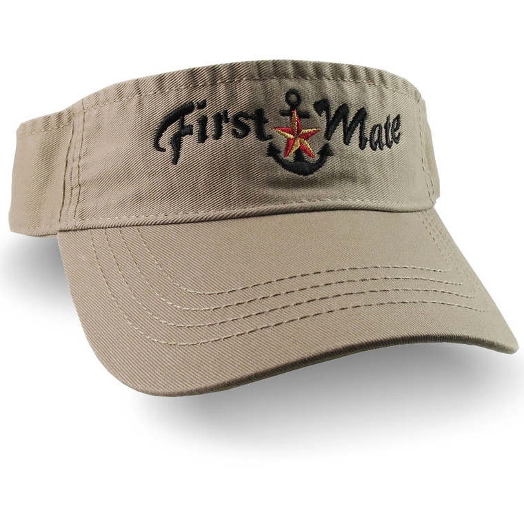 Nautical Red Star Anchor First Mate Embroidery on a Khaki Beige Unisex Adjustable Visor Cap for the Boating Enthusiast