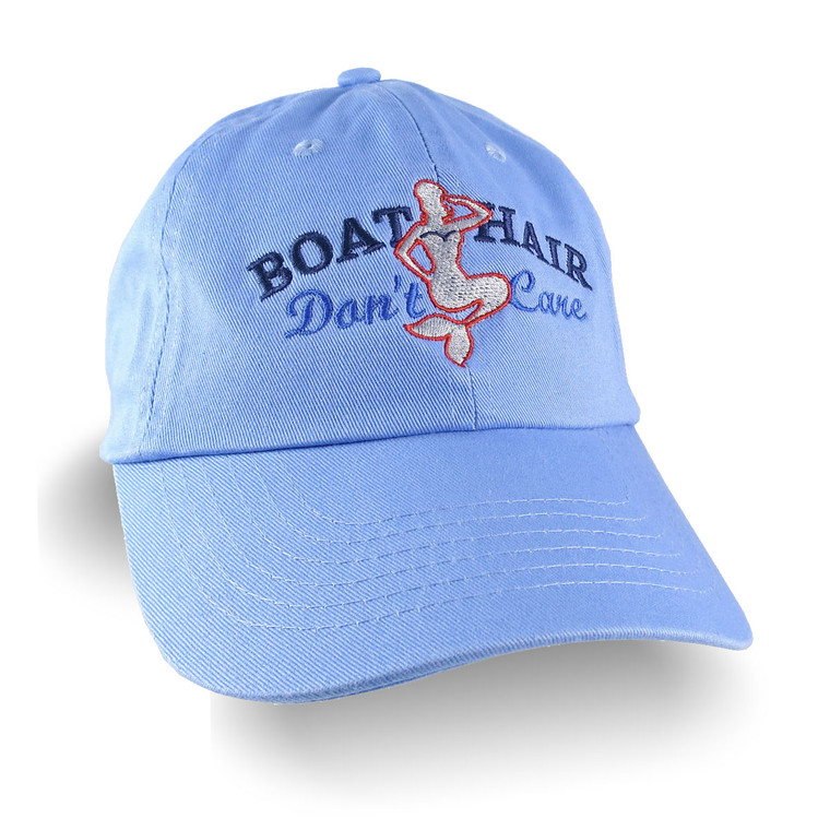 Nautical Mermaid Boat Hair Don't Care Embroidery on an Adjustable Blue Unstructured Baseball Cap Dad Hat with Option to Personalize the Back